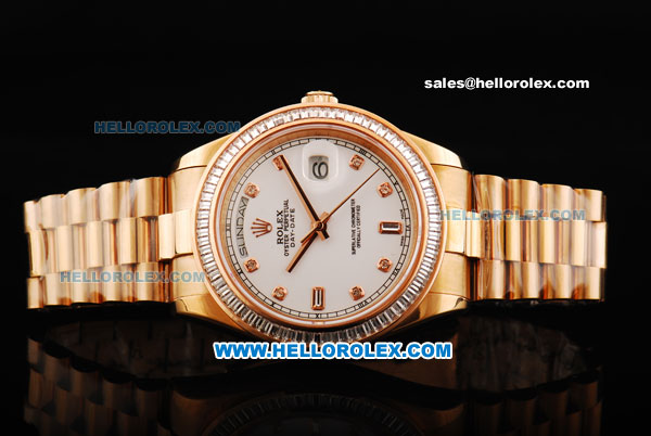 Rolex Day Date II Oyster Perpetual Swiss ETA 2836 Automatic Movement Full Rose Gold with Diamond Bezel - Diamond Markers and White Dial - Click Image to Close